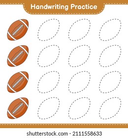 Práctica de escritura a mano. Rastreo de líneas de Rugby Ball. Juego infantil educativo, hoja de cálculo imprimible, ilustración vectorial