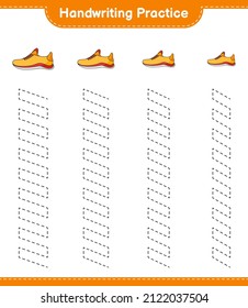Handschriftübungen. Trainingslinien von Laufschuhen. Kinderspiel, druckbares Arbeitsblatt, Vektorgrafik