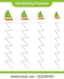 Práctica de escritura a mano. Rastreo de Sailboat. Juego infantil educativo, hoja de cálculo imprimible, ilustración vectorial