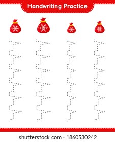 Handwriting practice. Tracing lines of Santa Claus Bag. Educational children game, printable worksheet, vector illustration
