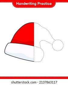 Handschriftübungen. Nachweislinien von Weihnachtsmütze. Kinderspiel, druckbares Arbeitsblatt, Vektorgrafik
