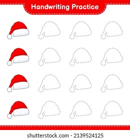 Handwriting practice. Tracing lines of Santa Hat. Educational children game, printable worksheet, vector illustration