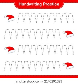 Handschriftübungen. Nachweislinien von Weihnachtsmütze. Kinderspiel, druckbares Arbeitsblatt, Vektorgrafik