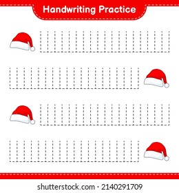 Práctica de escritura a mano. Rastreo de líneas de Santa Hat. Juego infantil educativo, hoja de cálculo imprimible, ilustración vectorial