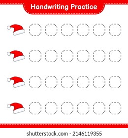 Handschriftübungen. Nachweislinien von Weihnachtsmütze. Kinderspiel, druckbares Arbeitsblatt, Vektorgrafik