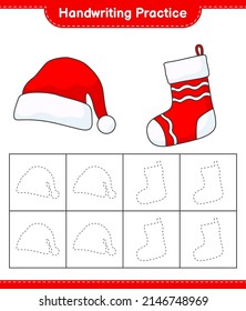 Handwriting practice. Tracing lines of Santa Hat and Christmas Sock. Educational children game, printable worksheet, vector illustration