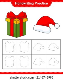 Práctica de escritura a mano. Trazando líneas de Santa Hat y caja de regalo. Juego infantil educativo, hoja de cálculo imprimible, ilustración vectorial