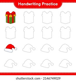 Handwriting practice. Tracing lines of Santa Hat and Gift Box. Educational children game, printable worksheet, vector illustration