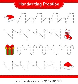 Handwriting practice. Tracing lines of Santa Hat, Gift Box, and Christmas Sock. Educational children game, printable worksheet, vector illustration
