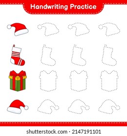 Handwriting practice. Tracing lines of Santa Hat, Gift Box, and Christmas Sock. Educational children game, printable worksheet, vector illustration
