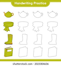 Práctica de escritura a mano. Trazando líneas de Scarf, Book, Rubber Boots y Teapot. Juego infantil educativo, hoja de cálculo imprimible, ilustración vectorial