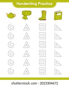 Handwriting practice. Tracing lines of Scarf, Book, Rubber Boots, and Teapot. Educational children game, printable worksheet, vector illustration