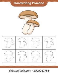 Práctica de escritura a mano. Rastreo de líneas de Shiitake. Juego infantil educativo, hoja de cálculo imprimible, ilustración vectorial