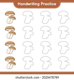 Práctica de escritura a mano. Rastreo de líneas de Shiitake. Juego infantil educativo, hoja de cálculo imprimible, ilustración vectorial