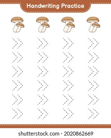 Handwriting practice. Tracing lines of Shiitake. Educational children game, printable worksheet, vector illustration
