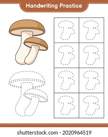 Handwriting practice. Tracing lines of Shiitake. Educational children game, printable worksheet, vector illustration