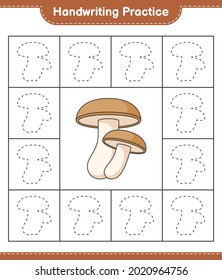 Handwriting practice. Tracing lines of Shiitake. Educational children game, printable worksheet, vector illustration