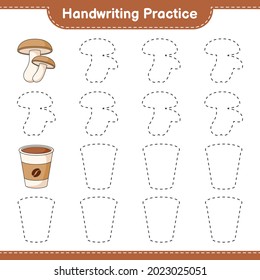 Handwriting practice. Tracing lines of Shiitake and Coffee Cup. Educational children game, printable worksheet, vector illustration