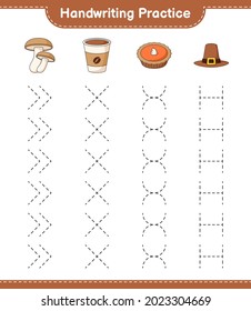 Handwriting practice. Tracing lines of Shiitake, Hat, Pie, and Coffee Cup. Educational children game, printable worksheet, vector illustration