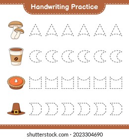 Práctica de escritura a mano. Trazando líneas de Shiitake, Hat, Pie y Copa del Café. Juego infantil educativo, hoja de cálculo imprimible, ilustración vectorial