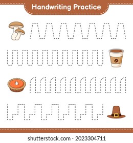Handwriting practice. Tracing lines of Shiitake, Hat, Pie, and Coffee Cup. Educational children game, printable worksheet, vector illustration