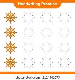 Handschriftübungen. Reitlinien des Schiffs-Lenkrades. Kinderspiel, druckbares Arbeitsblatt, Vektorgrafik