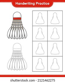 Práctica de escritura a mano. Rastreo de líneas de Shuttlecock. Juego infantil educativo, hoja de cálculo imprimible, ilustración vectorial