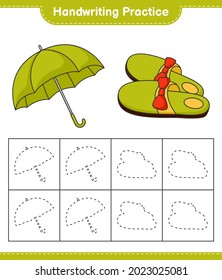 Práctica de escritura a mano. Rastreo de líneas de Zapatillas y paraguas. Juego infantil educativo, hoja de cálculo imprimible, ilustración vectorial
