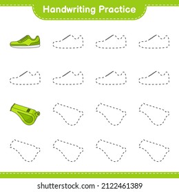 Handwriting practice. Tracing lines of Sneaker and Whistle. Educational children game, printable worksheet, vector illustration