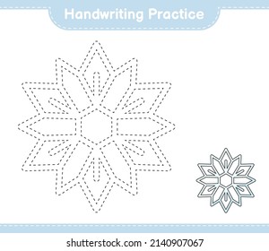 Práctica de escritura a mano. Seguimiento de líneas de copo de nieve. Juego infantil educativo, hoja de cálculo imprimible, ilustración vectorial