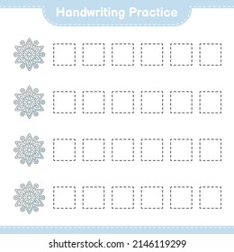Práctica de escritura a mano. Seguimiento de líneas de copo de nieve. Juego infantil educativo, hoja de cálculo imprimible, ilustración vectorial