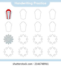 Handwriting practice. Tracing lines of Snowflake and Gift Box. Educational children game, printable worksheet, vector illustration