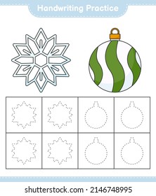 Handwriting practice. Tracing lines of Snowflake and Christmas Ball. Educational children game, printable worksheet, vector illustration