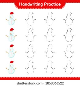 Handwriting practice. Tracing lines of Snowman. Educational children game, printable worksheet, vector illustration