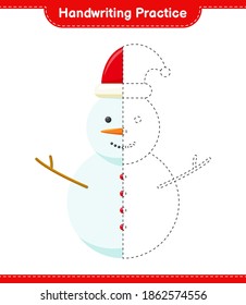 Handwriting practice. Tracing lines of Snowman. Educational children game, printable worksheet, vector illustration