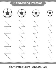 Práctica de escritura a mano. Rastreo de líneas de la pelota de fútbol. Juego infantil educativo, hoja de cálculo imprimible, ilustración vectorial
