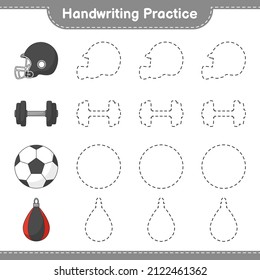 Handwriting practice. Tracing lines of Soccer Ball, Football Helmet, Dumbbell, and Punching Bag. Educational children game, printable worksheet, vector illustration