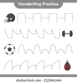 Handwriting practice. Tracing lines of Soccer Ball, Football Helmet, Dumbbell, and Punching Bag. Educational children game, printable worksheet, vector illustration