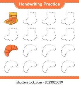Handwriting practice. Tracing lines of Socks and Croissant. Educational children game, printable worksheet, vector illustration