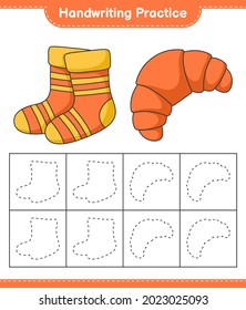 Handwriting practice. Tracing lines of Socks and Croissant. Educational children game, printable worksheet, vector illustration