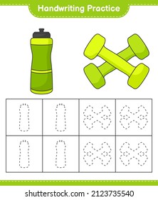 Handwriting practice. Tracing lines of Sport Water Bottle and Dumbbell. Educational children game, printable worksheet, vector illustration