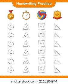 Práctica de escritura a mano. Trazando líneas de Stopwatch, Trophy y Volleyball. Juego infantil educativo, hoja de cálculo imprimible, ilustración vectorial