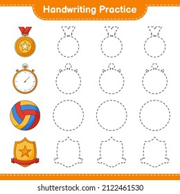 Práctica de escritura a mano. Trazando líneas de Stopwatch, Trophy y Volleyball. Juego infantil educativo, hoja de cálculo imprimible, ilustración vectorial