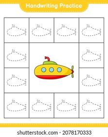 Práctica de escritura a mano. Rastreo de líneas de submarino. Juego infantil educativo, hoja de cálculo imprimible, ilustración vectorial