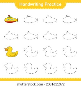 Handwriting practice. Tracing lines of Submarine and Rubber Duck. Educational children game, printable worksheet, vector illustration