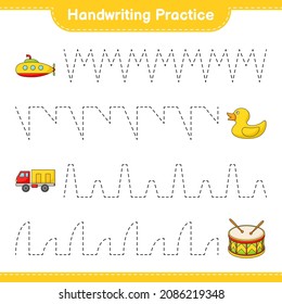 Handwriting practice. Tracing lines of Submarine, Rubber Duck, Lorry, and Drum. Educational children game