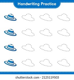 Práctica de escritura a mano. Rastreo de líneas de sombrero de verano. Juego infantil educativo, hoja de cálculo imprimible, ilustración vectorial