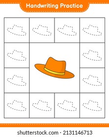 Práctica de escritura a mano. Rastreo de líneas de sombrero de verano. Juego infantil educativo, hoja de cálculo imprimible, ilustración vectorial