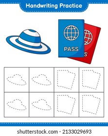 Práctica de escritura a mano. Ramas de rastros de sombrero de verano y pasaporte. Juego infantil educativo, hoja de cálculo imprimible, ilustración vectorial