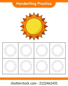Práctica de escritura a mano. Líneas de seguimiento de Sun. Juego educativo infantil, hoja de cálculo imprimible, ilustración vectorial